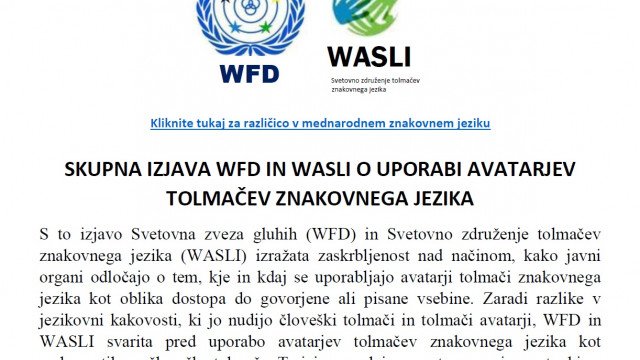 Skupna izjava WFD in WASLI o uporabi avatarjev-tolmačev znakovnega jezika